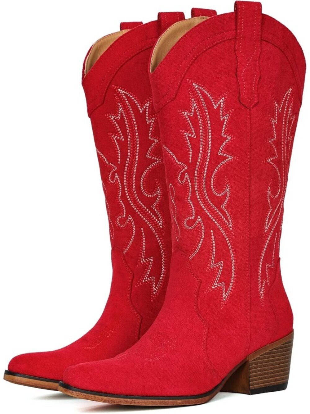 Women’s Red Western Cowboy Boots Mid-Calf Chunky Heel Snip Toe Low Instep